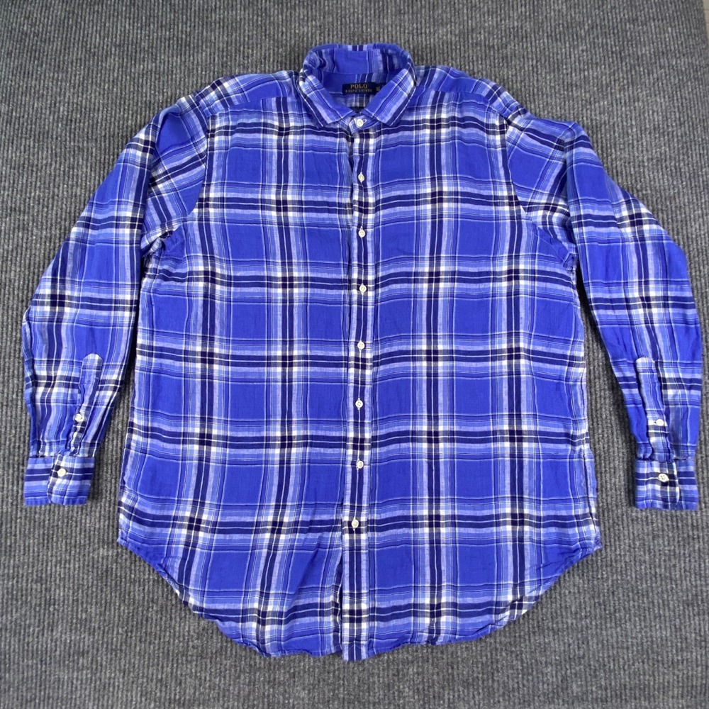 Polo Ralph Lauren Button Down Shirt Mens XLT Blue Plaid Linen Classic Preppy